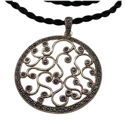 CFJ 925 Sterling Marcasite Pendant Necklace - Victorian Style Filigree Medallion with Silk Rope - Vintage Fine Jewelry Accessory 