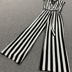 Deep-V Black & White Striped Jumpsuit 