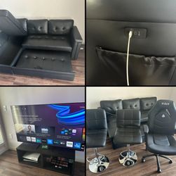 65” Smart Tv, Pull Out Couch With USB Ports and Storage, Chairs