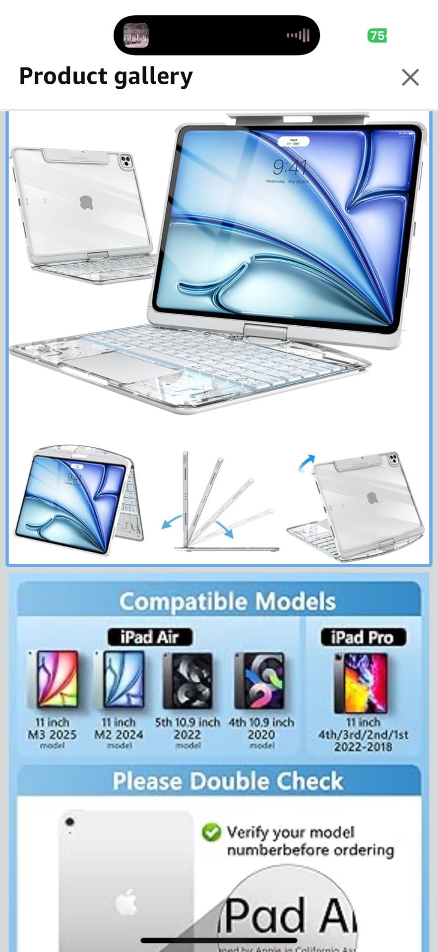 Transparent Keyboard Case for iPad Air 11 inch(M3 2025/M2 2024)& iPad Pro 11 inch(1st/2nd/3rd/4th) &10.9 inch iPad Air 4/5th , 7-Color Backlit Wireles