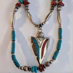 Vintage Silver, Turquoise, Coral, Liquid Silver Double Strand Arrowhead Necklace