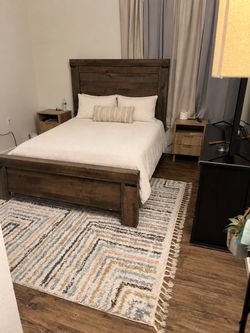 Rustic Dark Wood Queen Bed Frame + Bunkie Board