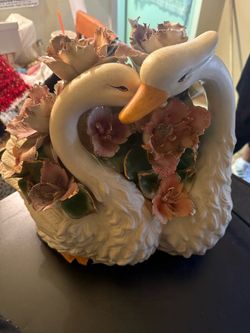 Large Capodimonte Style Porcelain Double Swan Floral Centerpiece – Heavy