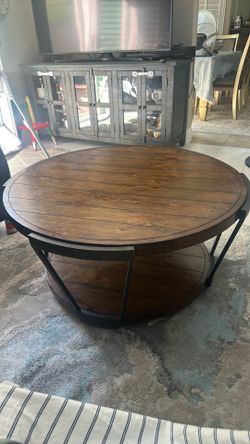 Round Wooden Coffee Table on Wheels