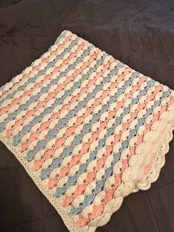 Handmade Crochet Baby Blanket – Pink Blue & Cream – 3x4 Ft