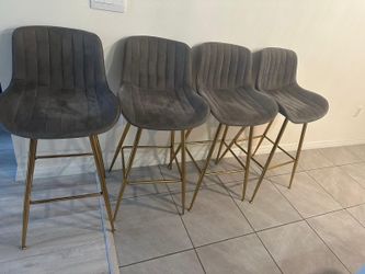 Gray Velvet Bar Stools with Gold Legs (Set of