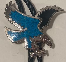 Vintage Metal Bolo Tie, Nice Silver and Blue Crushed Turquoise Stones, American Bald Eagle, Nature, Wildlife, Nice Design, 2 1/4" x 2", Quality, Heavy
