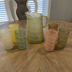 Vintage Mid-Century Spaghetti Drizzle Pitcher & 6 Glasses 