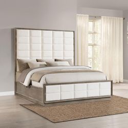 New Glamorous 77 Inch Queen Panel Bed In Cream Upholstery! 