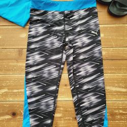 SIZE 8-10 GIRLS PUMA BLACK/WHITE/CYAN ACTIVE CAPRI LEGGING 