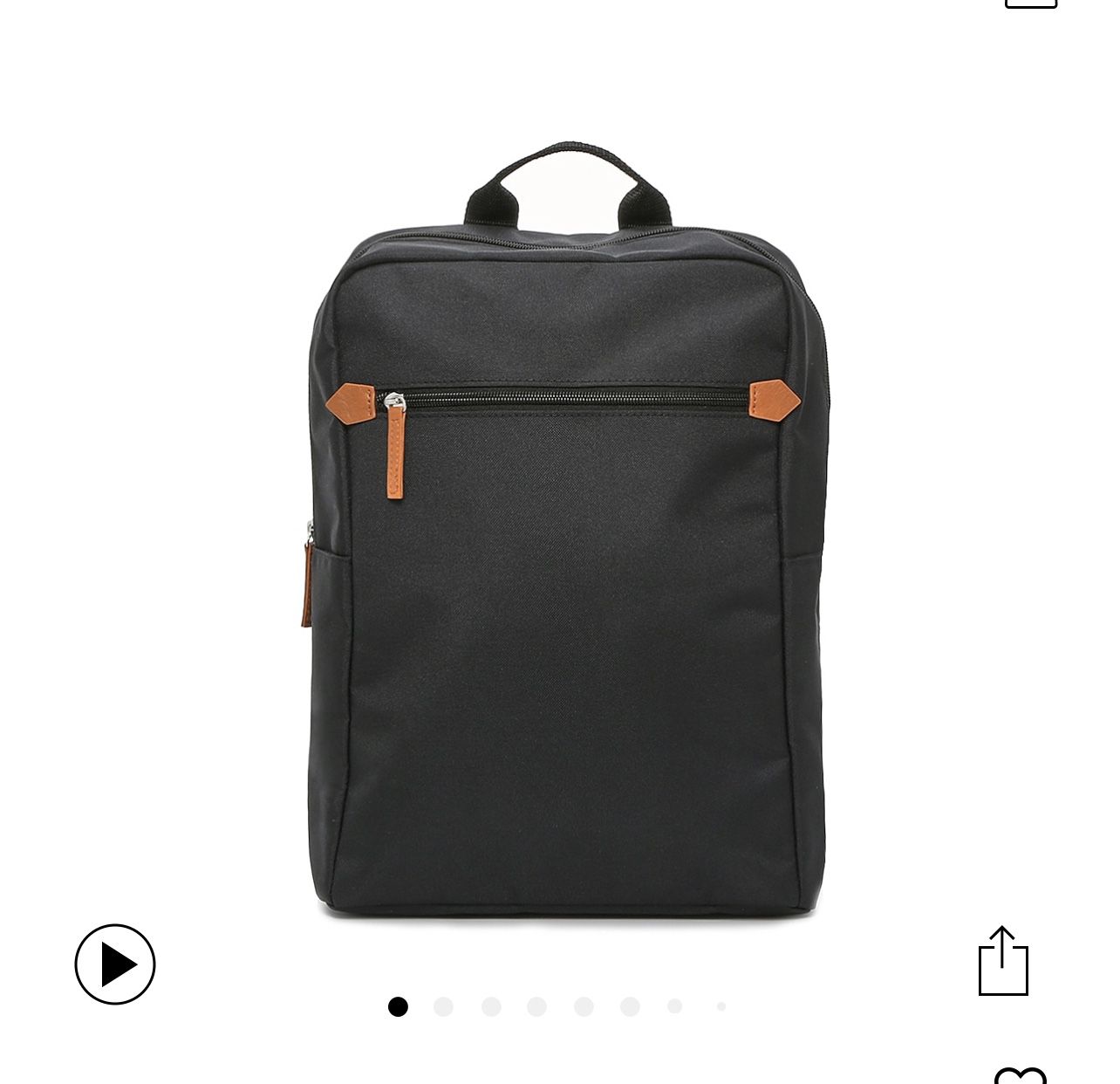 Brand New Black Backpack with brown leather details, front zipper pocket and side pocket. Unopened, sealed package