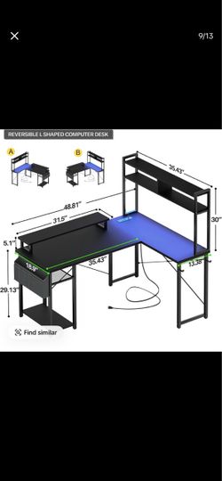 Reversible L-Shaped Computer Desk with LED Lights