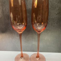 Set of (2) Light Pink Champagne Glasses. 8.1 Oz Gold Rim Striped Champagne Flute, Stemmed Cocktail Glasses.