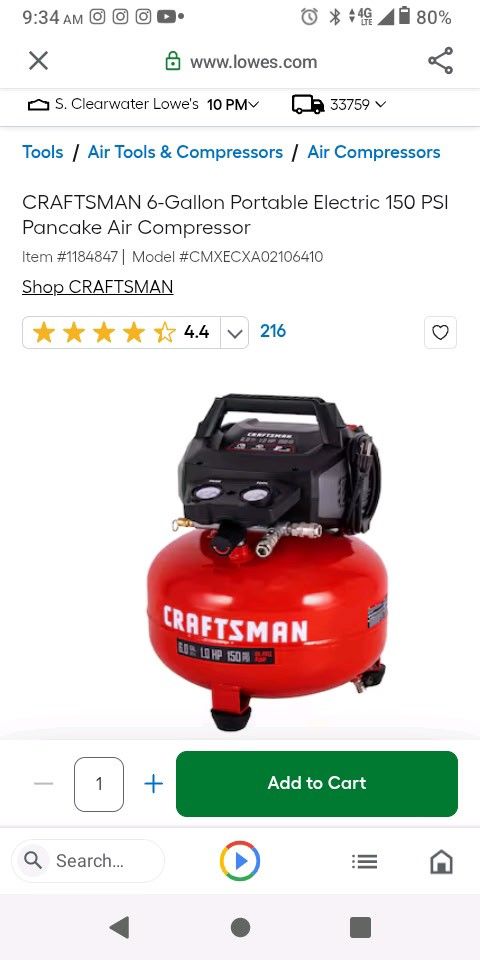 Craftsman 6 Gallon Portable Air Compressor