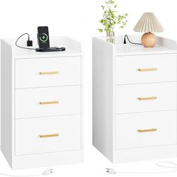 Nightstands Set of 2 with Charging Station, 3 Drawer Nightstand with Gold Handles, White Nightstand for Bedroom, Modern Design End Side Table for Home