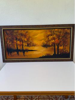 MCM Oil painting vtg signed 1970s autumn forest 45” wide 23” tall