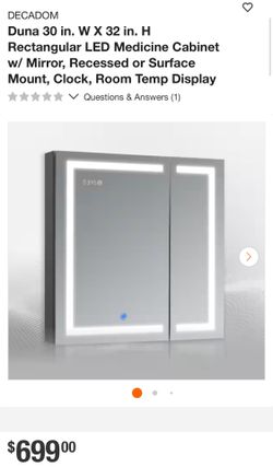 LED Medicine Cabinet W36”x H32” w/Mirror, Recessed or Surface Mount, Clock, temperature display