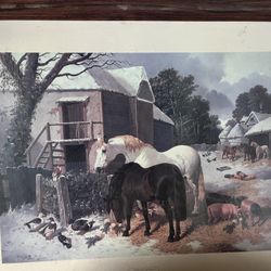 Antique-Style Print: "First Fall of Snow" by J.F. Herring Sr. - Framed Farm Scene