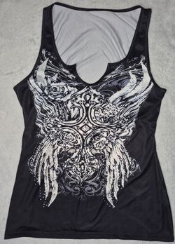 Y2K Gothic Cross Wing Graphic Tank Top Women's XL Black Split Notch Neck Biker