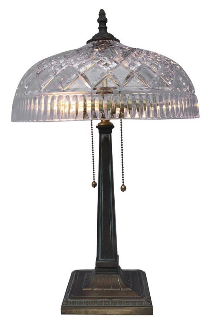 Two Waterford Crystal Dome Shade Bronze Desk Lamp