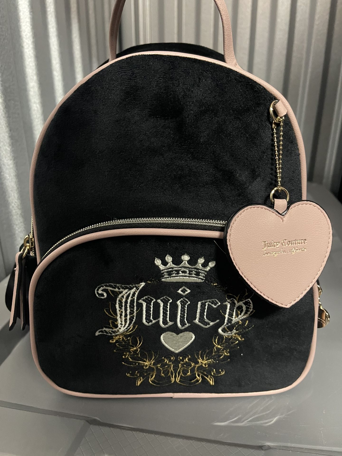 New Juicy Couture Black Licorice w/Pink Heritage Embroidered Velour Backpack