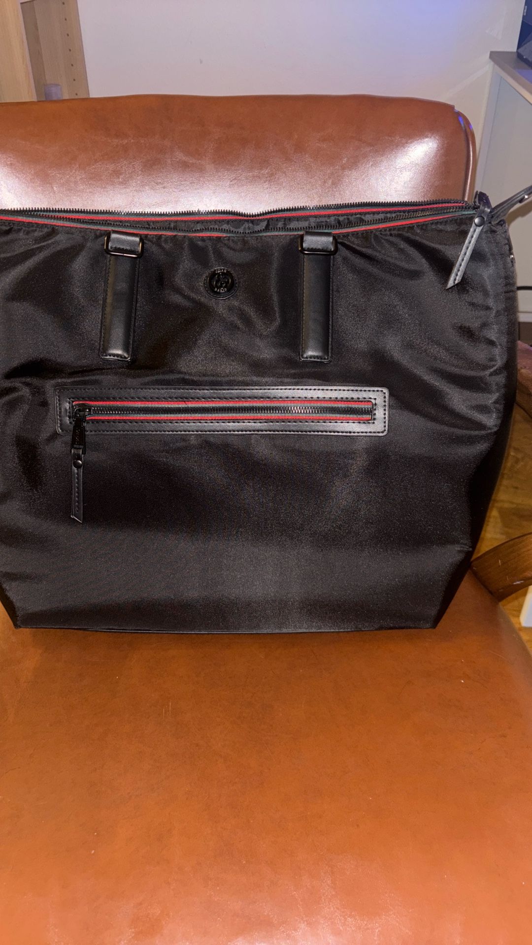Joan & David 20 Inch Nylon Workbook Tote Black Red & Green Zipper Striping (Sport)