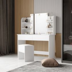 Stylish and Functional Vanity Table Set with LED Light Makeup Mirror and Ample Storage