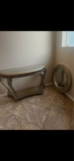 Ornate Champagne Gold Demilune Console Table with Glass Top + Matching Round Mirror