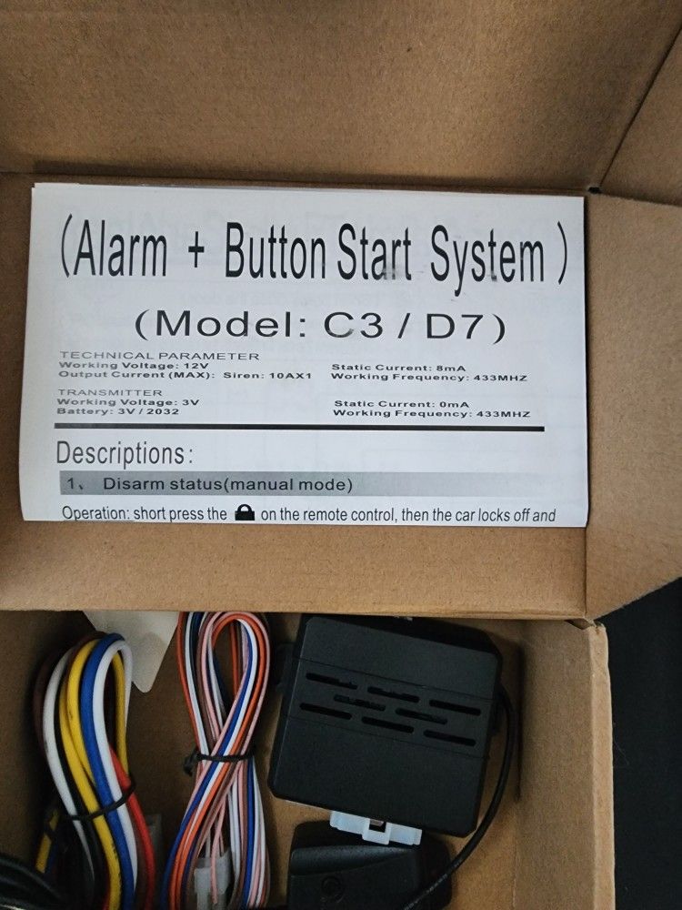 Alarm + Push Button Start System For 2002 Toyota COROLLA and SOLARA.