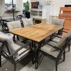 Assembled New 7 Piece Patio Dining Sets Acacia Wood Outdoor Table w/ Metal Chairs Cushioned