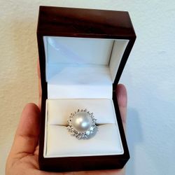 Large white south sea pearl solid 14k yellow & white gold ring signity cz halo sz6