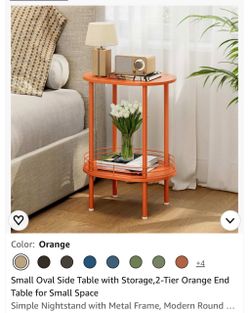 Small Oval Side Table with Storage, 2-Tier Orange End Table for Small Space