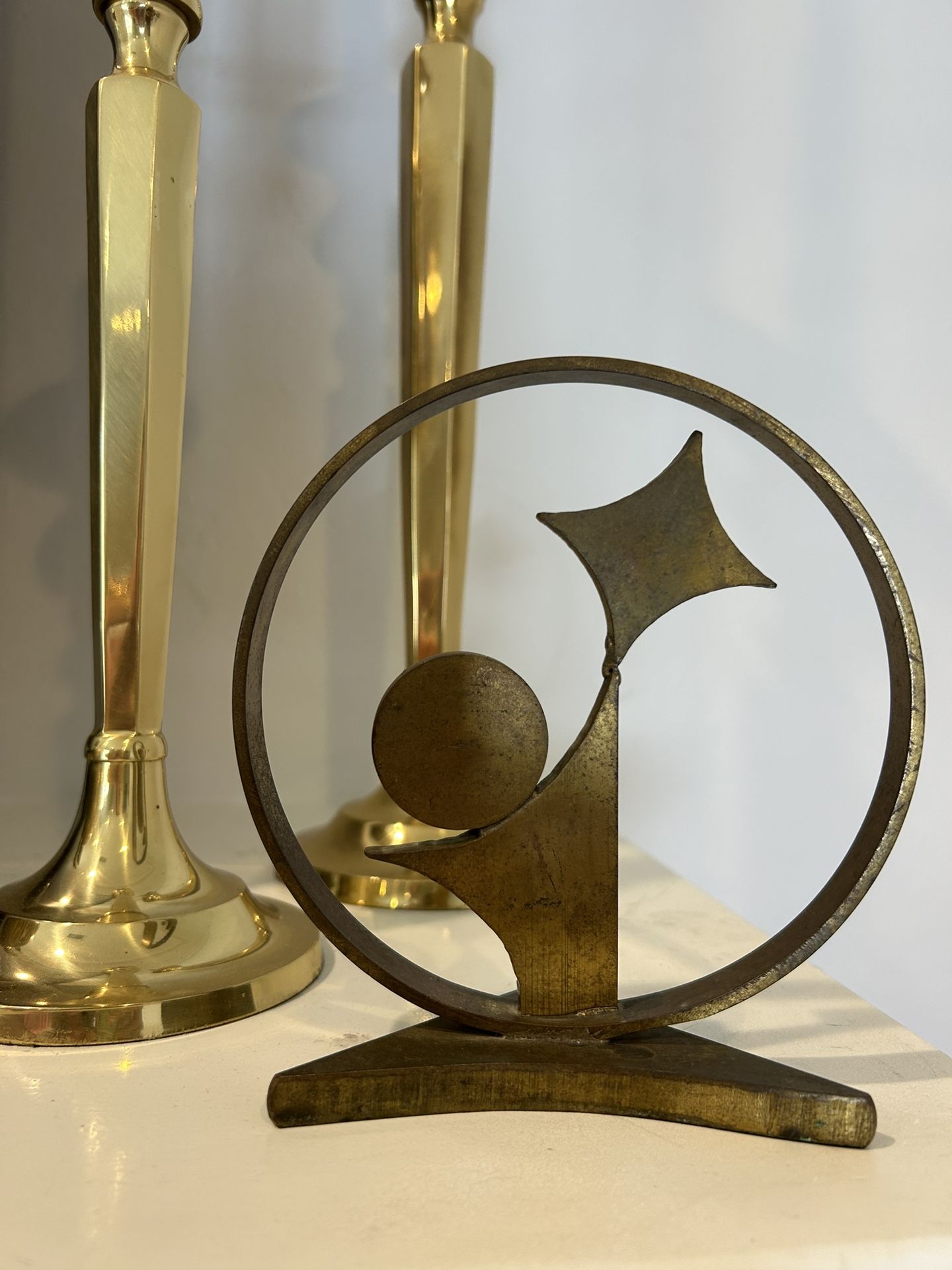 Original Mid Century Heavy Metal Sculpture Atomic Vintage Handcrafted Sculpture Table Decor Unusual Sphere Orbit Brass Color Deco Artisan One Of A Kin
