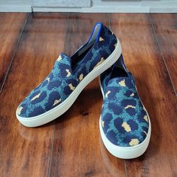 Rothy’s Blue Leopard Print Slip-On Sneakers | Women’s Size 10 | Knit Comfort Casual Shoes