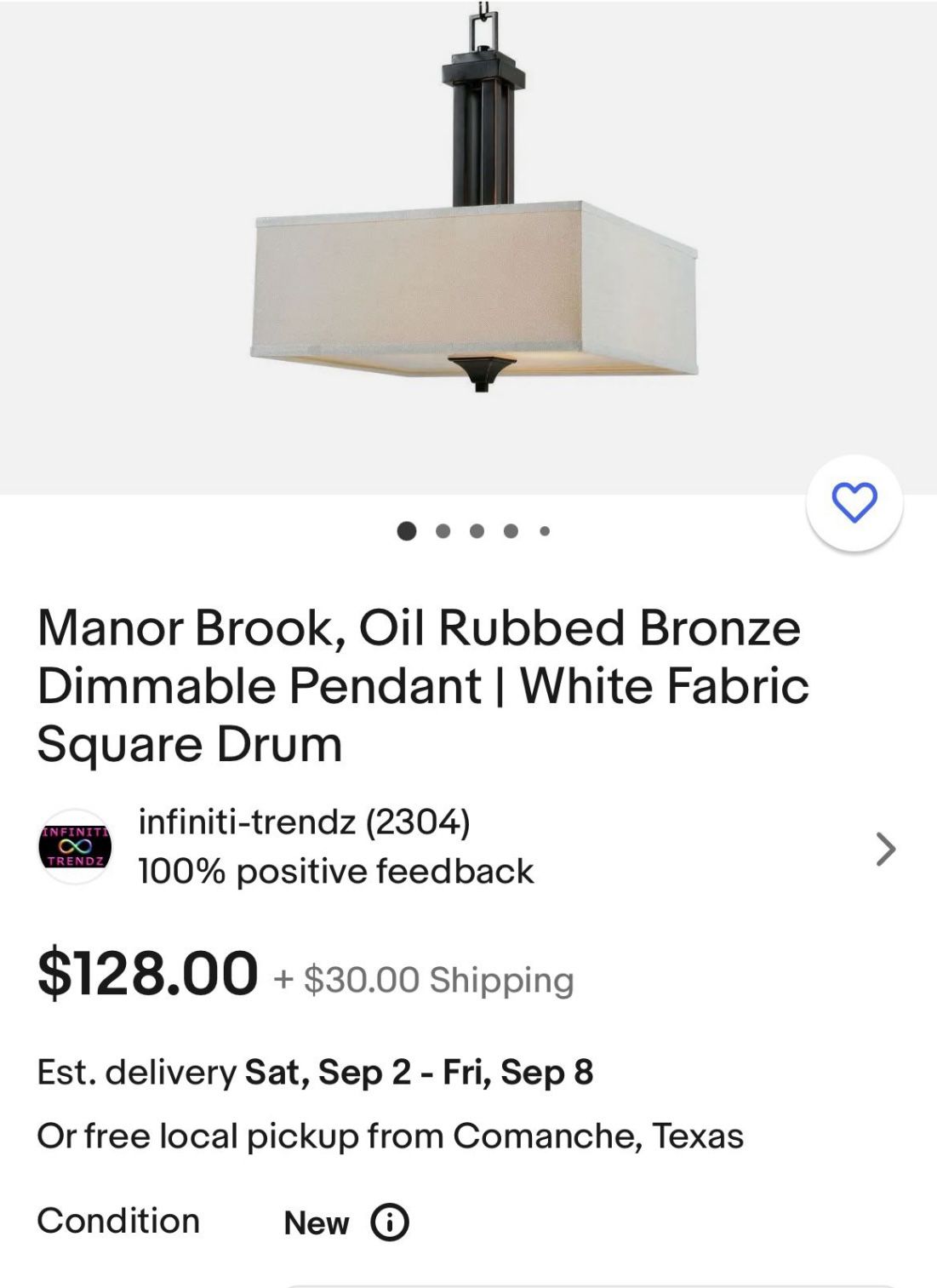 Manor Brook, Oil Rubbed Bronze Dimmable Pendant | White Fabric Square Drum