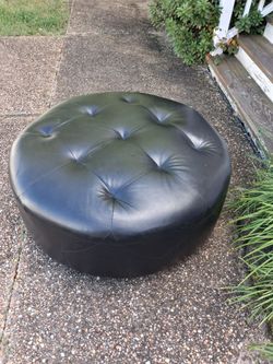 Large Round Tufted Black Leather Ottoman