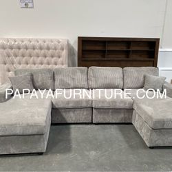 New in box. 120” x 60” Light Grey Sectional Sofa and TWO CHAISES. Soft corduroy fabric. Pick up or delivery. Finance available. See this item in perso