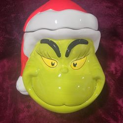 Grinch With Santa Hat Cookie Jar 9" Tall New