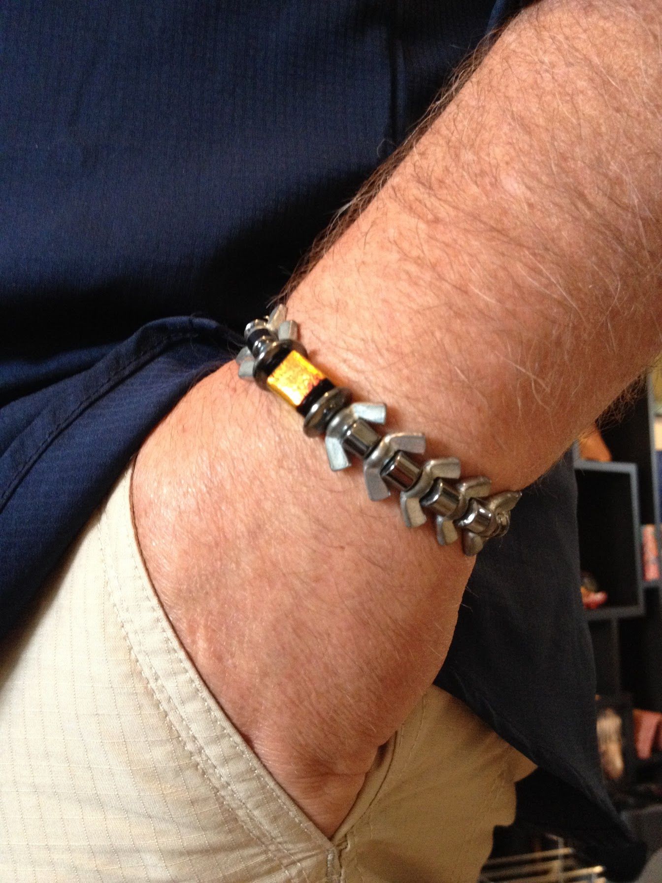 Men’s 7.5” Bracelet, Dichroic Glass & Wing Nut ‘Mad-Max Inspired’ Steampunk