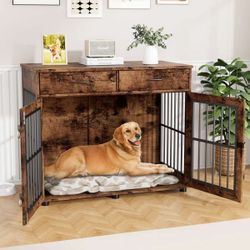 43.3 Inch Large Dog Crate Furniture, Wooden Dog Kennel Furniture End Table With 3 Doors And 2 Storage Drawers, Brown
