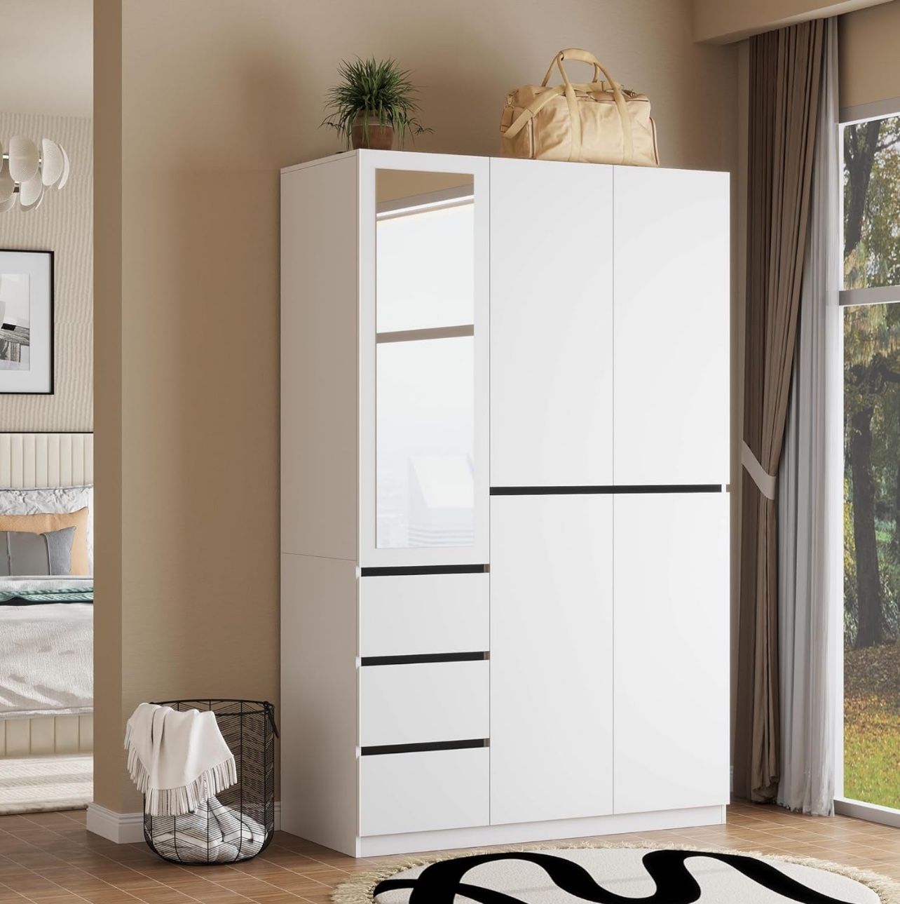 5 Door Armoire Wardrobe Closet with 3 Drawers & Mirror, Wooden Bedroom Armoires with Shelves and Hanging Rod, Freestanding Wardrobe Cabinet for Bedroo