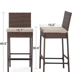 Juego de 2 taburetes de bar de ratán con cojines, sillas de bar de patio sin brazos para patio trasero, junto a la piscina, terraza (marrón)