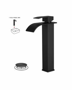 Waterfall Single Hole Single Handle Tall Bathroom Vessel Sink Faucet With Supply Hose in Matte Black