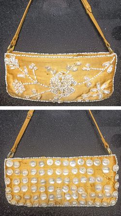 Vintage CHAN LUU Silk Beaded Purse - Mother of Pearl Buttons