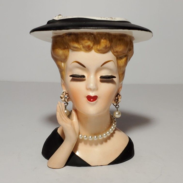 Lady Head Vase Black Hat Pearls 4.5"