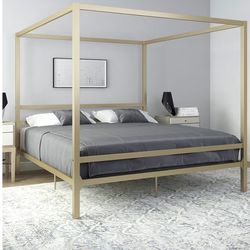 King Gold Canopy Bed Frame + BRAND NEW Mattress – Modern Luxury