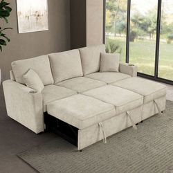 Beige Fabric Couch Sofa Sectional Pull Out Sleeper Bed