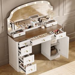 Farmhouse Makeup Vanity Desk with Mirror and Lights, 47'' Vanity Table with 8 Storage Drawers 1 Cabinet & 2 Organizer Trays, Large Dressing Table with
