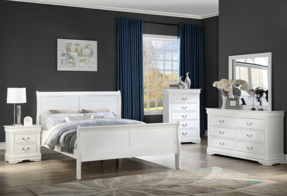 🔵Free/Fast Delivery &  Louis Philip White Sleigh Bedroom Set & King and queen bed frame, dresser, nightstand, mirror