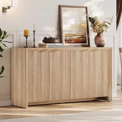 Fluted Sideboard Buffet Cabinet with Storage, Wooden Modern Fluted Sideboard with 4 Doors and 5 Adjustable Shelves, Coffee Bar Table for Di